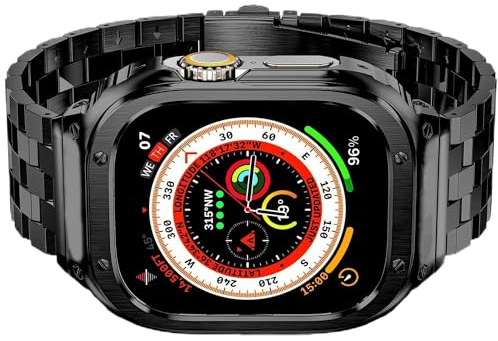 Amznew Bracelets Apple Watch compatibles avec iWatch Ultra 49mm, bracelets iWatch en métal et coque de protection pour homme, Noir