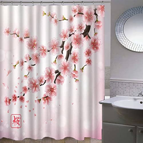 QALEYA Japanische Kirschblüten Duschvorhang Anti-Schimmel 180x200 Anti-Bakteriell Stoff Polyester Badewanne Vorhang Wasserdicht Waschbar Shower Curtain mit 12 Haken Badezimmerzubehör Rosa Bad Vorhäng