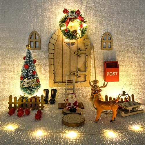 Wichteltür Set Wichtel Zubehör Weihnachten, 46Pcs Weihnachtswichtel Tür Komplettset mit Licht Weihnachtsdeko Elfentür, Holz Wichtel Tür Deko für Feentür Dänische Weihnachtsdeko für Kinder Geschenke