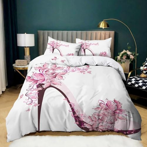 YBRAVO Bettwäsche High-Heels-Muster Bettbezug 155x220 Bettwäsche Set 3 Teilig Bettbezüge Mikrofaser Bettbezug mit Reißverschluss und 2 Kissenbezug 80x80cm