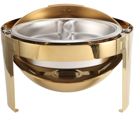 Chafing Dish Buffet Set Gold Hydraulic Damping Catering Food Warmer Set High Polished Finish with Visible Lid for Party (2 Compartment Pan)