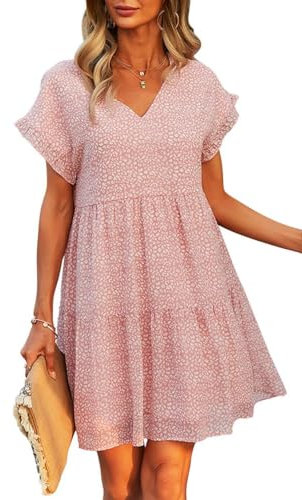 Joligiao Robe d'été pour Femme Fleurie Col en V Manches Courtes Robes de Plage Coupe Ample Longueur Genou Robe Décontractée Robes Courte à Fleurs Longue en Mousseline