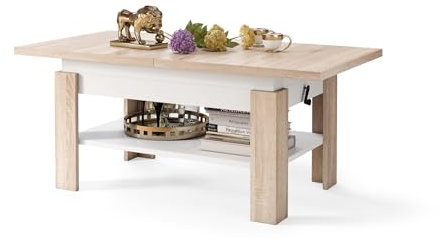 All4All Couchtisch Rino - Kaffeetisch - Wohnzimmertisch mit Ablage - Sofatisch - ausziehbar bis 170cm - höhenverstellbar - 130x65cm - 05 - Sonoma Eiche + Weiß