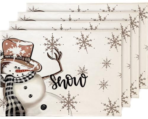 YCOLL Platzset Weihnachten 4er Set Weihnachtsdeko Tisch Tischsets Platzsets Abwaschbar Platzdeckchen Schneemann Weihnachtsuntersetzer für Drinnen und Draußen Esszimmer Party Dekoration 30x45cm