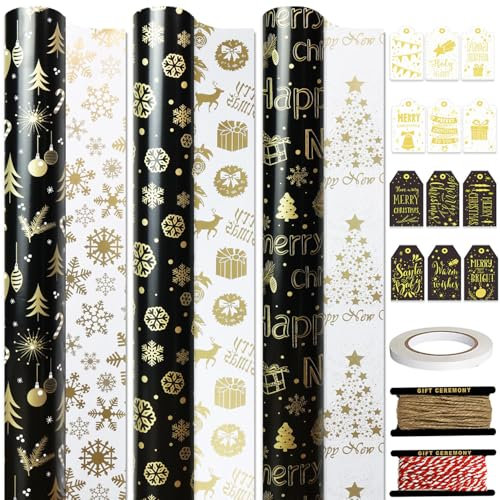 FullJoyHut 3 Rollen Wendbares Weihnachtsgeschenkpapier je 43cm x 5M - Goldenes Geschenkpapier Weihnachten Rollen Kraftpapier Weihnachtspapier mit Geschenkanhänger für Xmas Geschenkverpackung