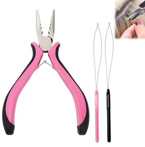Hair Extension Pliers for Removal Professional Hair Extensions Kit Tools with Loop Threader 3-Hole Hair Pliers Durable Nano Hair Extension Tool for Micro and Nano Ring Hair Extensions
