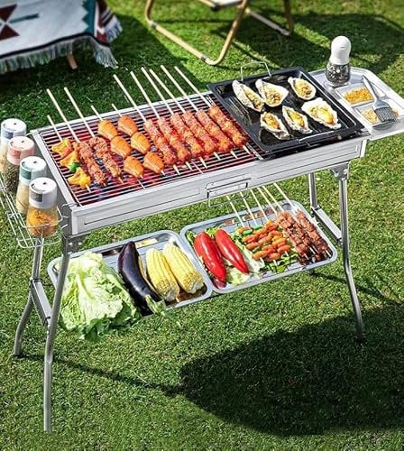 Bonnlo Tragbarer Holzkohlegrill Edelstahl, Camping Grill mit großer Grillfläche, Outdoor für BBQ - Klappgrill, Schaschlikgrill, Ideal für Balkon & Garten, 100 x 31 x 71 cm