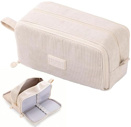 KIRVOS Federmäppchen Mädchen Teenager, Federmäppchen Groß mit 3 Fächern Große Kapazität, Cord-Stoff Stiftetasche Pencil Case für Schule & Büro, Organizer Mäppchen mit Mehreren Fächern (Beige)