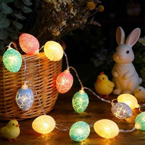 Lichterkette Ostern 3 m 20 LED,LED Ostereier Lichterkette Batteriebetrieben mit Mehrfarbige Riss-Eier,Warmweiß,Osterbeleuchtung Osterdekoration,Frühling Deko für Garten,Innen,Fenster,Kamin,Party,Gelb