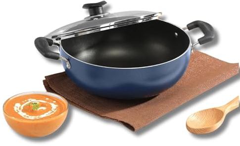 Vinod Zest Non-Stick Deep Kadai with Glass Lid 26cm, 4.1L | Riveted Bakelite Handles | PFOA Free | 3mm Thick Base | Gas Stove Compatible | Blue Finish Easy to Clean | Ideal for Stir-Fries & Curries