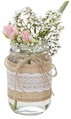 Blumen-Vase/Blumen-Glas mit Jute & weißer Spitze - Rustikal Spitze - Hochzeits-Deko/Tisch-Dekoration Vintage Hochzeit Geburtstag Blumen-Vase (1 Vase)