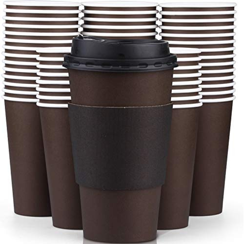 Promora 16 oz Disposable Brown Coffee Cups with Lids & Sleeves, Premium Paper Cups (100 Pack)