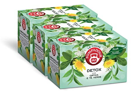 Pompadour, Tisana Detox Plus con Ortica e Tè Verde, 54 Filtri (3 Confezioni da 18 Filtri), Favorisce Leggerezza e Benessere, Senza Lattosio, Glutine e Allergeni, Vegan