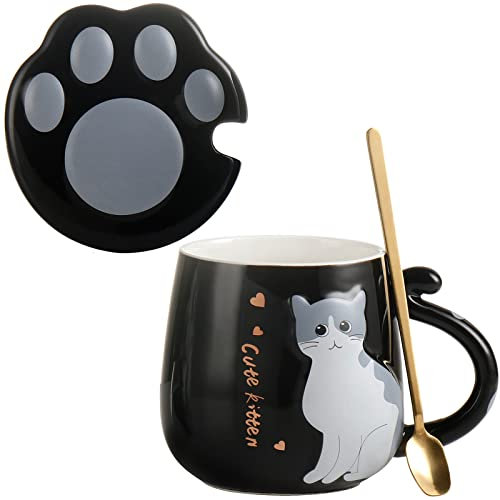 All-Pie Taza de café de cerámica con bonita tapa de garra de gato, cuchara de acero inoxidable, juego especial de tazas de té de 400 ml (negro)