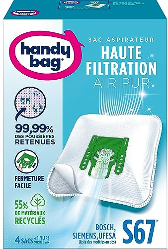Handy Bag - Sacs aspirateur S67 x4sacs - Compatibles Bosch, Siemens, UFESA - 99,99% des poussières retenues - Fermeture facile - Filtre anti-allergène - 55% de matériaux recyclés - Lot de 3