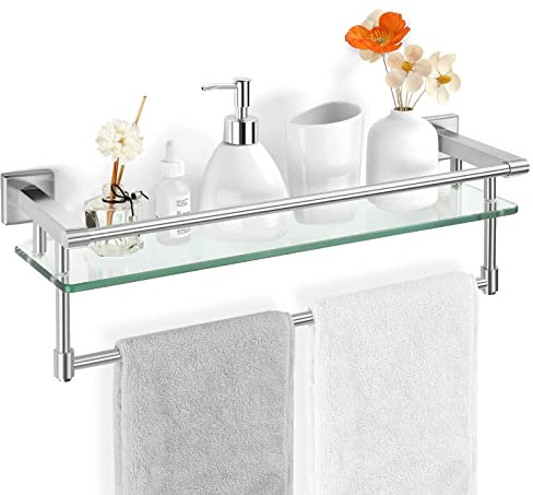 Badezimmer Glasregal Handtuchhalter Regal Glas Organizer Wandmontage Badezimmer Aufbewahrung SUS304 Edelstahl Handtuchstange/Schiene Wandmontage Gehärtetes Glas Edelstahlregal Gebürstetes Nickel