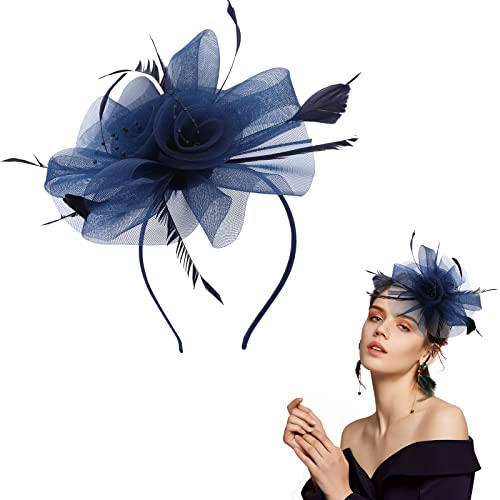 Fascinators Hut Blume Mesh Federn Stirnband mit Haarspange Haarreifen Photo Booth Requisiten Kostüm Stirnbänder Cocktail Tee Hochzeit Kirche Party Kopfbedeckung Rennhut für Mädchen Damen (Navy Blau)