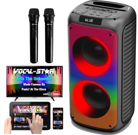 Vocal-Star Portable Karaoke Machine With Bluetooth, 2 Wireless Microphones, 100w Speaker, 6 Dazzling LED Full Speaker Lights Effects, Records Vocals, TWS, AUX, Rechargeable