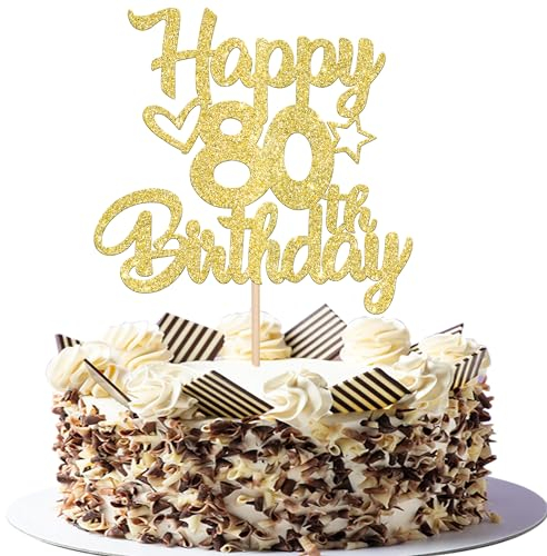 SYKYCTCY 1 Pack Happy 80th Birthday Cake Topper Glitter Heart Star 80 Fabulous Cake Pick Birthday Sign Cake Decorations for 80th Birthday Theme Party Supplies Gold