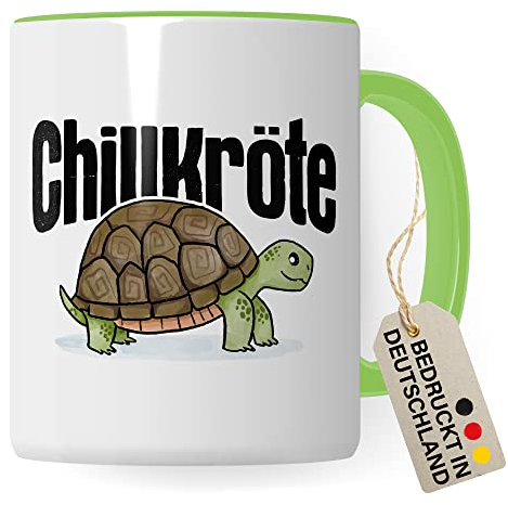 Pagma Druck Chillkröte Tasse lustige Kaffeetasse mit Spruch Kaffee-Becher witzig Schildkröte Teetasse Humor Faulpelz Tasse (Weiß/Grün, Keramik, 330 ml)