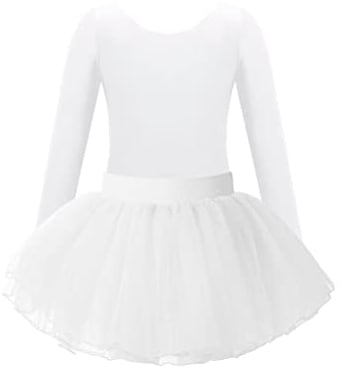 Freebily Kinder Mädchen Ballettanzug Langarm Ballett Body Tüll Tutu Ballettrock Outfits Kinder Tanzanzug Ballettbekleidung Set Gr.92-164 Weiß 134-140/9-10 Jahre