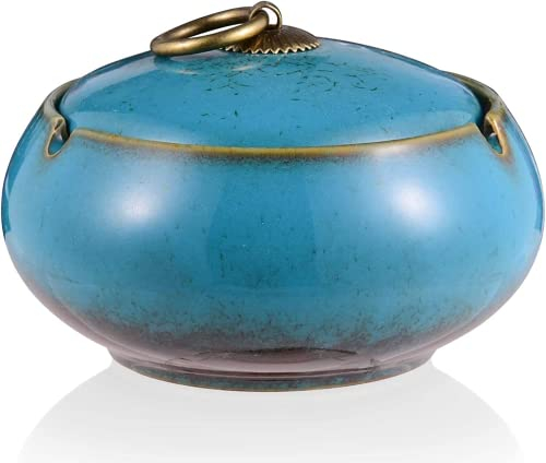 AF-WAN Retro Keramik, Aschenbecher mit Deckel für Draußen, Einfachheit Zigarren Aschenbecher für Zuhause und Büro Dekoration (11X7.2cm) (Blau)