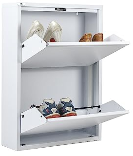 Zapatero para ahorrar espacio Blanco delgado (2 puertas, 6 pares, sin montaje) marco de metal robusto (sin plástico, tela o madera), para interior y exterior, zapatos/botas