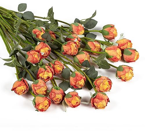 DuHouse 24 Stück Künstliche Rosen mit Langen Stielen – Vintage Seidenrosen für DIY-Sträuße, Hochzeitsdeko, Tischdekoration, Party & Zuhause(Gebrannte Orange)