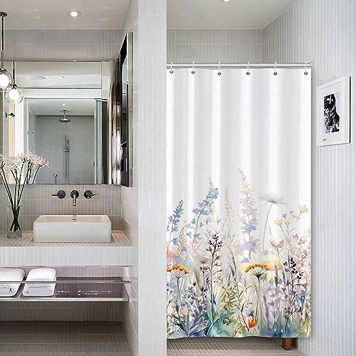 Bovlleetd Petit Stand Floral Rideau de Douche Printemps Aquarelle Fleur Sauvage botanique Demi-étroit Taille Rideau de Douche pour Salle de Bain élégant Baignoire décors Accessoires 92x183cm