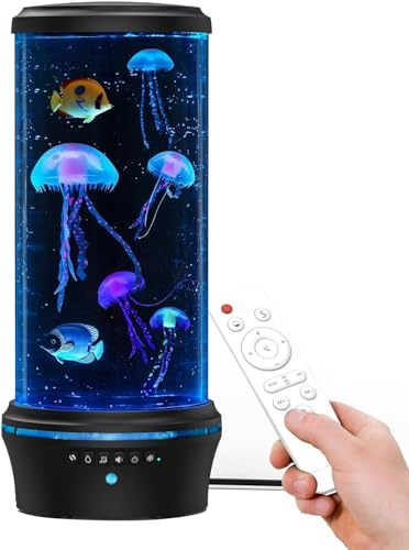 Kangtaixin Lavalampe Quallen - 7 Farben Quallen Lavalampe Kinder - Runde Jellyfish Aquarium Stimmungslicht,Schwarz mit 4quallen & 2fish (Schwarz& Weißes Rauschen)