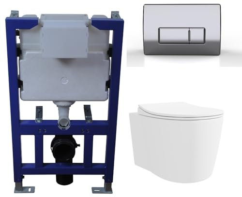 Alcor Wall Hung Toilet with Soft Close Seat Chrome Pneumatic Flush Plate 820mm Frame & Cistern