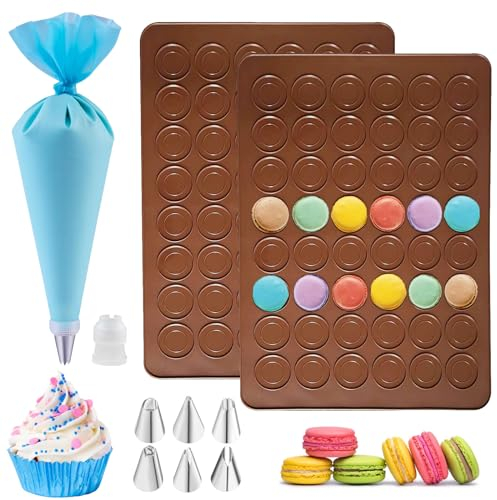 Zasjon 2 Stück Macarons Backmatte mit Spritzbeutel und 6 Spritztüllen, 48 Mulden Silikon Backmatte Macaron Groß Antihaftbeschichtet Silikon Backformen für Makronen, Schokolade, Keksen, Brot, 39 x 29cm