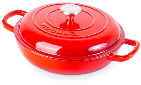 Casseruola bassa in ghisa con coperchio – antiaderente, adatta al forno fino a 260 °C – pentola resistente, adatta al forno – pentola smaltata – rossa, 2,3 Quart, 26 cm – Nuovva