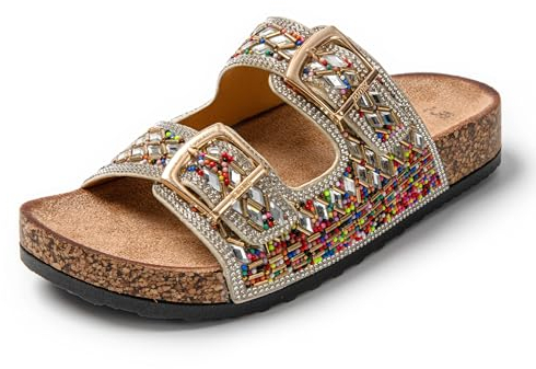 JOMIX Mutterstag Sommerschuhe Bunte Pantoletten Damen Clogs Flache Sandaletten Sommer Bohemian Sandalen (Gold, 40 EU, SD9181)