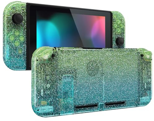eXtremeRate Carcasa Transparente para Nintendo Switch Accesorios Funda Protector Shell Placa de reemplazo con Botones para Nintendo Switch Consola Joycons Control(Verde Azul Gradiente de Purpurina)