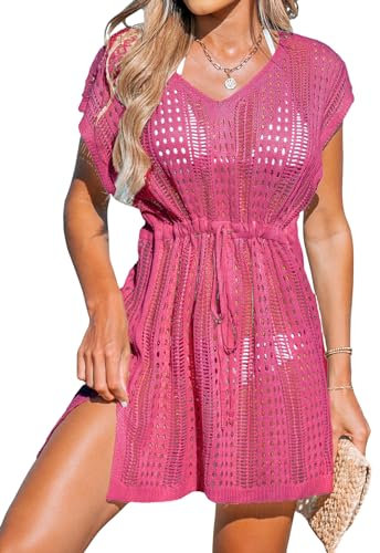 CUPSHE Mini robe en crochet à manches courtes avec cordon de serrage pour femme 2024, rose vif, Taille L