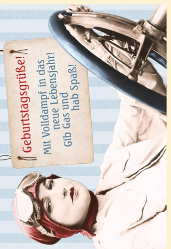Originelle Geburtstagskarte im Vintage-Look, zeigt eine Retro-Pilotin. Text: Mit Volldampf ins neue Jahr! Viel Spaß! Witzige und stilvolle Gratulation für Erwachsene mit Flieger-Charme mit Umschlag