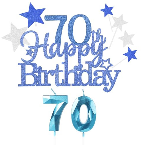 Personalised Blue Happy 70th Birthday Cake Topper with Blue Number 70 Birthday Candles Blue Star Cupcake Toppers Cake Decorations Set for Her Him Boy Men Women 70th Birthday Anniversary - (Set 9)