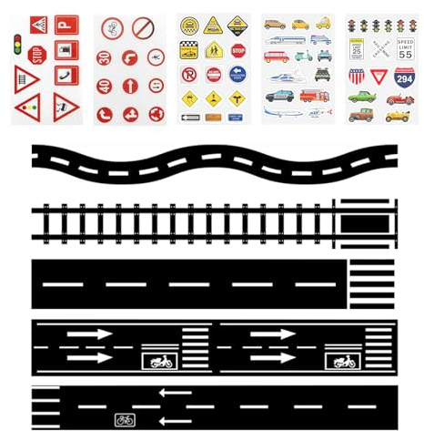 CYIOU 5 Rollen Klebeband Straße Kinder Klebrigkeit Eisenbahnen Straßenband Straße Klebeband Mit 5 Stück Verkehrsschildaufklebern und Autoaufklebern für Kinder Zur Verkehrsregel-Lernung(5cm*5m)