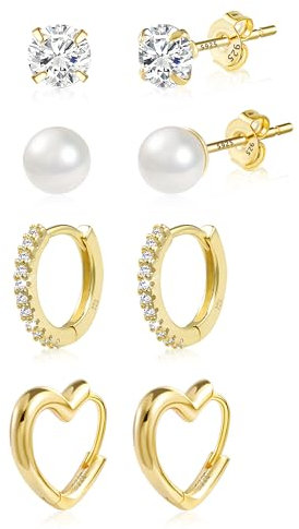 Gold Stud Earrings for Women, Small Stud Earrings Set Hypoallergenic 4 Pairs Small Cubic Zirconia Studs Huggie Earring Set Tiny Sleeper Cartilage Studs Earring Multiple Piercing for Women Girls