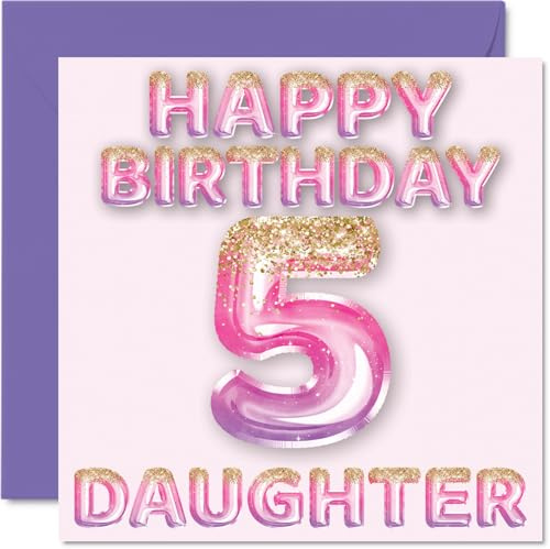 5th Birthday Card for Daughter, Pink & Purple Glitter Balloons | Happy Birthday Cards for 5 Year Old Daughter from Mum or Dad Mummy Daddy Parents, 145mm Bday Greeting Cards Gift