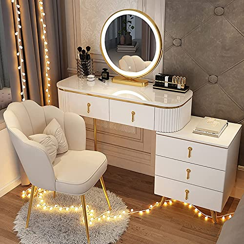 Schminktisch,Frisiertisch mit LED-beleuchtetem Spiegel, gepolstertem Hocker und Beistellschrank, Schminktisch, Kommode, Make-up-Set, goldene Edelstahlbeine (Farbe: Grau-100 cm/39,3 Zoll) (We