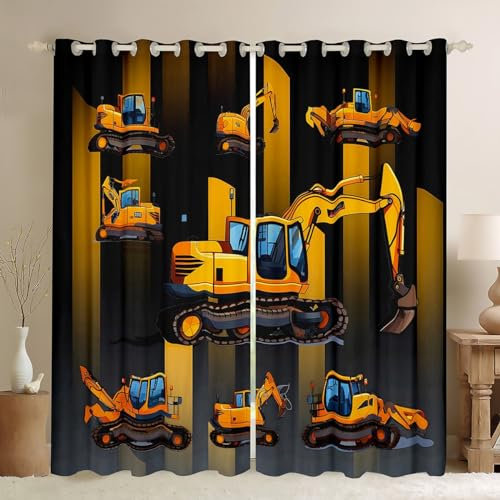 Homemissing Cartoon Auto Blickdichte Vorhänge für Schlafzimmer Wohnzimmer Baugewerbe Site Cars Fenstervorhang 245x140cm für Jungen Mädchen Kinder Gelb Gardinen Zimmer Dekor Schwarz Vorhänge