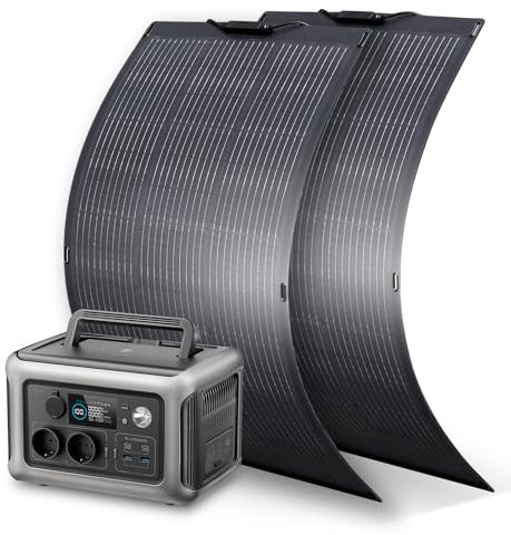 ALLPOWERS R600 Station électrique portable 299Wh avec 2 panneau solaire flexible 100W IP68 étanche, batterie LiFeP04, Chargement rapide sans fil 15W, générateur solaire pour camping-car, jardin, toit
