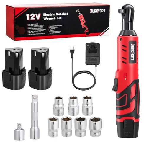 DuroFort 12V 3/8 Cordless Electric Ratchet Wrench Set, 40 FT.LBS 0-500RPM Variable Speed Wrench with LED, 2-Pack 2.0Ah Battery, High Torque Cordless Ratchet, 7 Sockets (9-15mm), 1/4 Socket Adapter