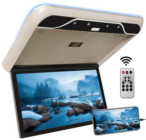 AUTUMFLATGAO 19 Lettore da Tetto per Auto, Monitor da Tetto per Auto Video 1080P, Monitor da Tetto per Auto Ribaltabile Ultrasottile, con Luce a 16 Colori, Supporta USB HDMI,Beige