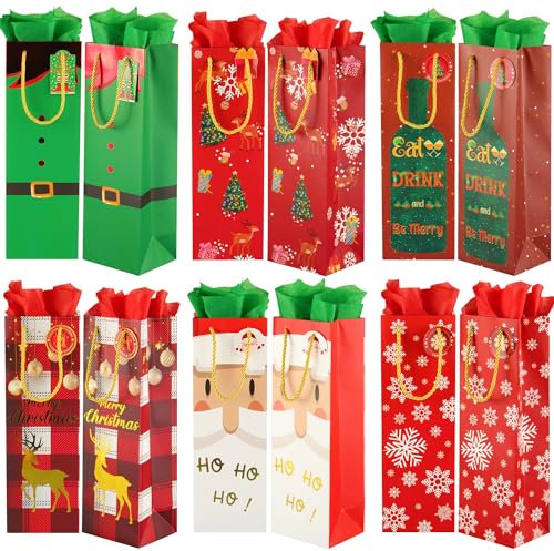 12 Stück Weihnachts-Geschenktüten für Weinflaschen mit Taschentüchern und Anhängern, Weihnachts-Geschenktüten für Weinflaschen, Weihnachtsverpackung