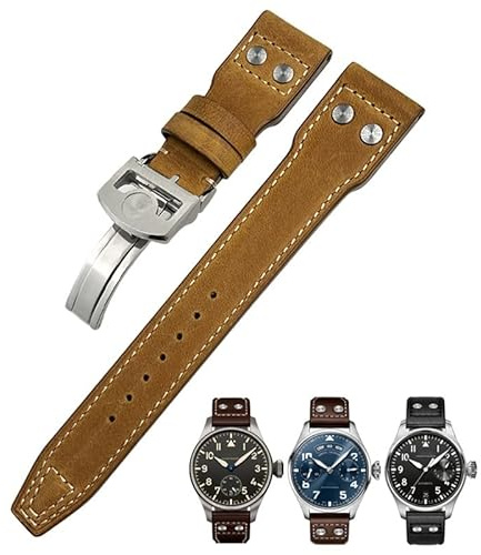 ZUC 22 mm Nieten Echtlederarmband passend für IWC Big Pilot Uhr IW3777 Kalbslederarmband(Crazy horse 2,Rose Buckle)