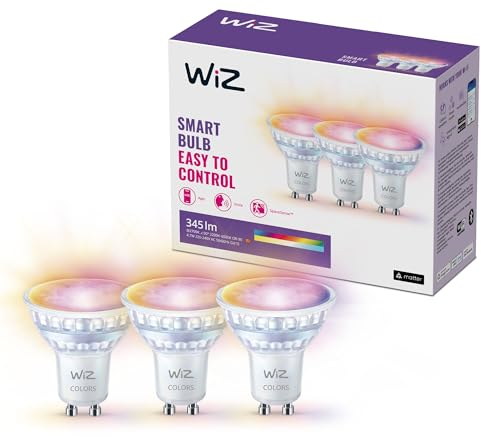 WiZ GU10 smarte LED Lampe, Glas, 3er-Pack - 50W, mit 16 Mio. Farben + Weißschattierungen, WLAN/Bluetooth, Sprach- / App-Steuerung, funktioniert mit Google Home, Alexa und HomeKit