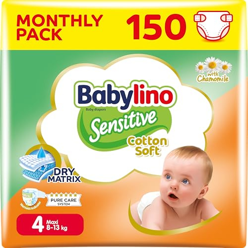 Babylino Sensitive Cotton Soft, Pannolini Taglia 4, Maxi (8-13kg), 150 Unità